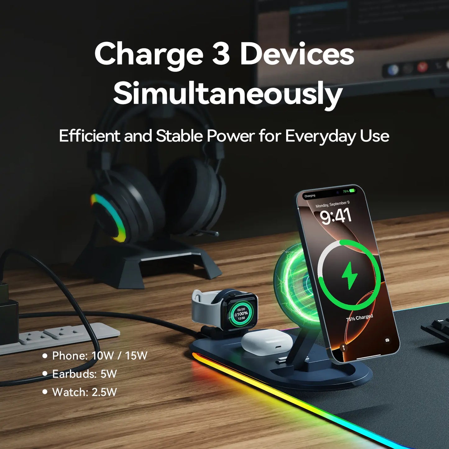 XXL 4-In-1 Wireless Charging RGB Mouse Pad with LED Lights,Charge Phone, Watch & Earbuds, XL Extended Desk Mat31.5X11.8 Inch