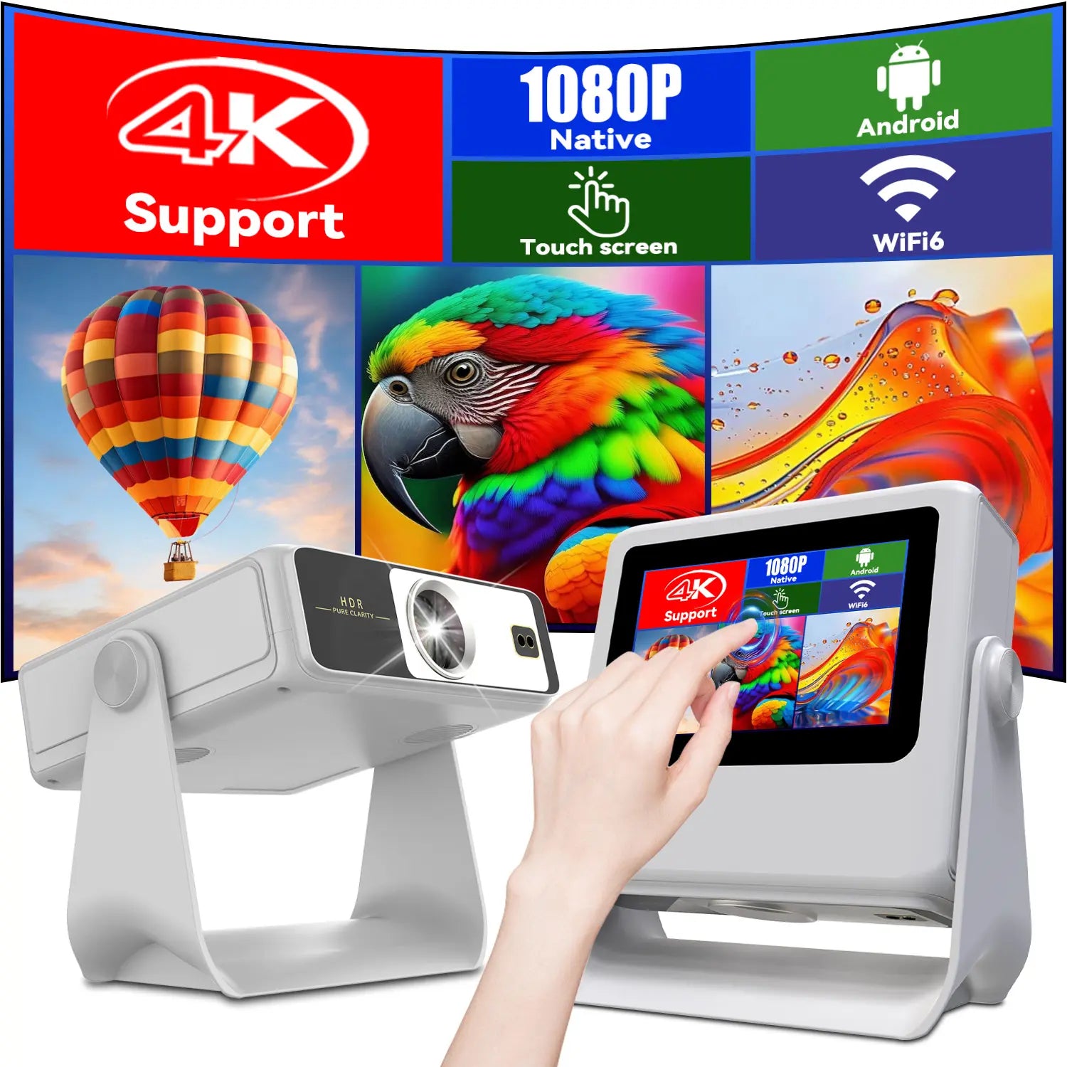 A Projector with Touchscreen, Built-In Apps and 180° Rotating Stand. with Wi-Fi, Bluetooth and 1080P Resolution, It Connects Seamlessly to Phones, Ideal for a Cozy Bedroom Home Theater.