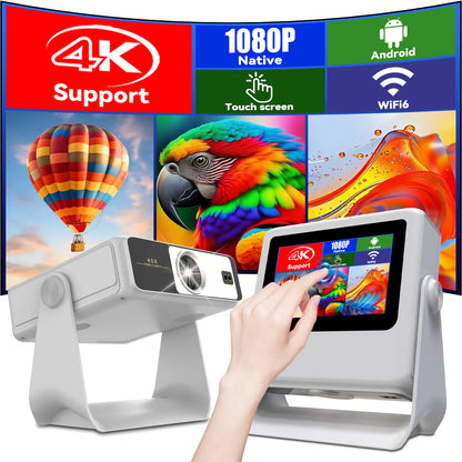 A Projector with Touchscreen, Built-In Apps and 180° Rotating Stand. with Wi-Fi, Bluetooth and 1080P Resolution, It Connects Seamlessly to Phones, Ideal for a Cozy Bedroom Home Theater.