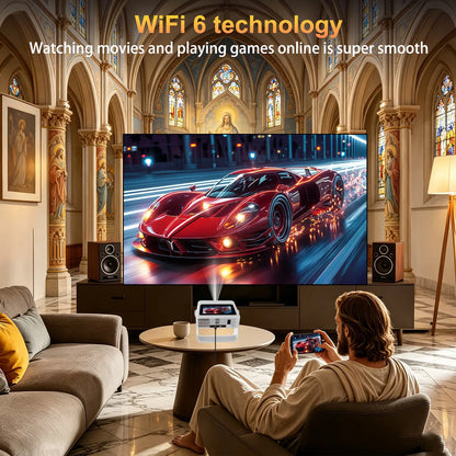 A Projector with Touchscreen, Built-In Apps and 180° Rotating Stand. with Wi-Fi, Bluetooth and 1080P Resolution, It Connects Seamlessly to Phones, Ideal for a Cozy Bedroom Home Theater.