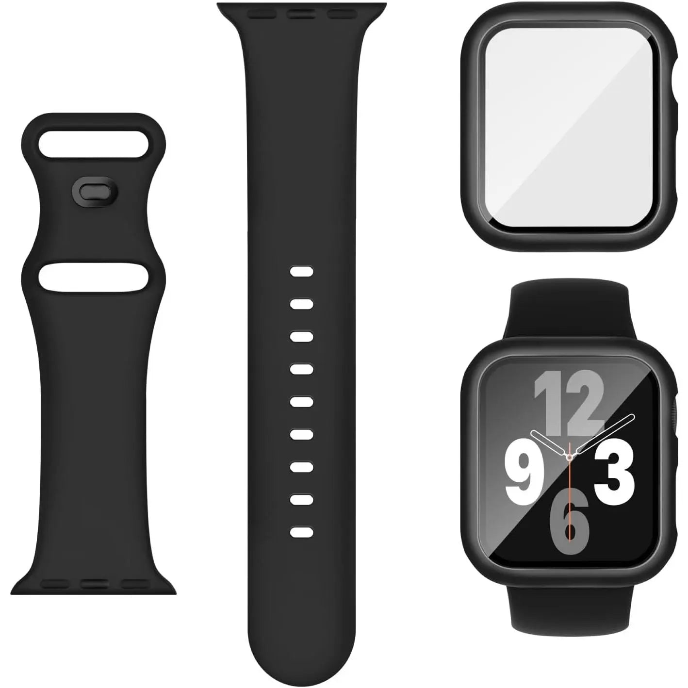 3-In-1 for Apple Watch Band 40Mm 41Mm 44Mm 45Mm with Case & Screen Protector, Silicone Sport Band and Protective Cover with 9H Tempered Glass for Iwatch Series SE 9 8 7 6 5 4 3