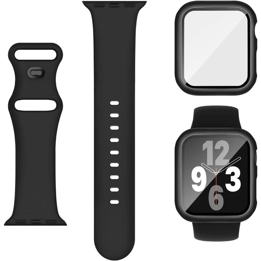 3-In-1 for Apple Watch Band 40Mm 41Mm 44Mm 45Mm with Case & Screen Protector, Silicone Sport Band and Protective Cover with 9H Tempered Glass for Iwatch Series SE 9 8 7 6 5 4 3