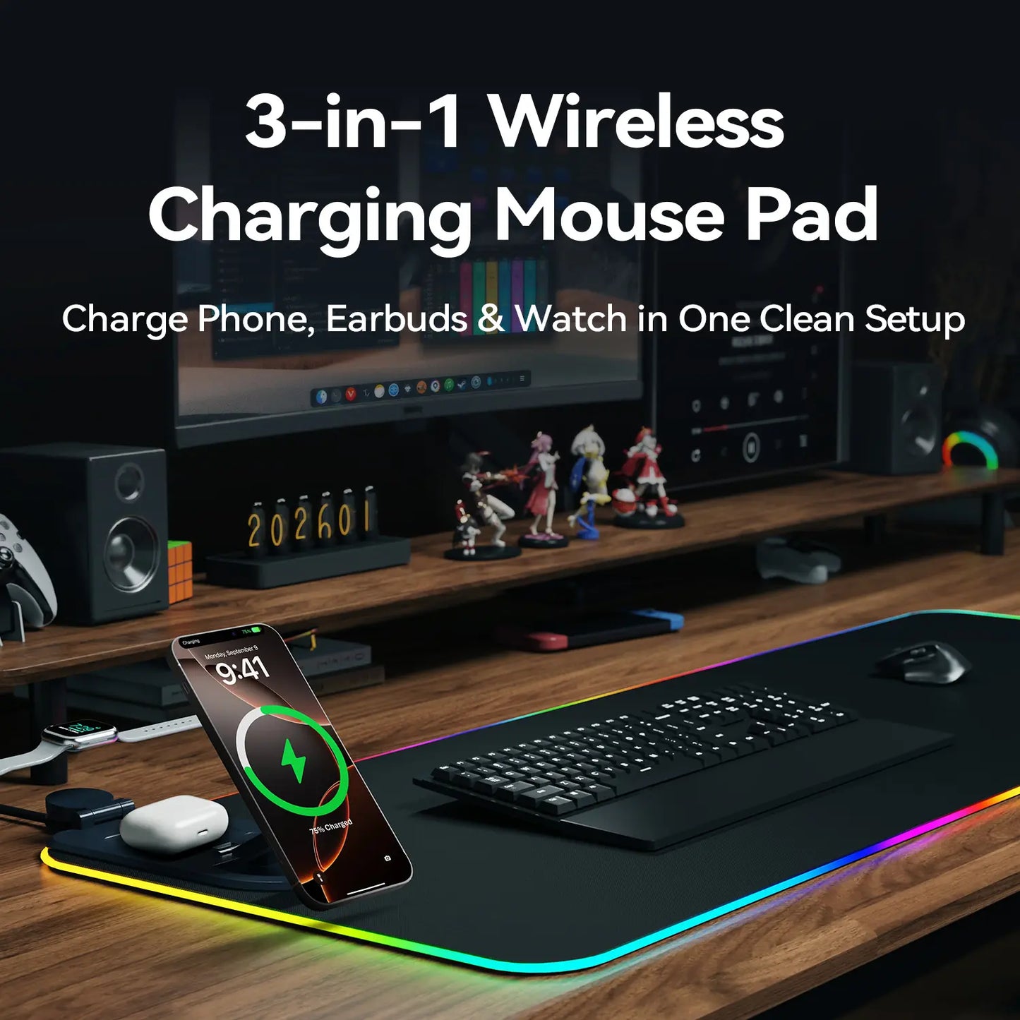 XXL 4-In-1 Wireless Charging RGB Mouse Pad with LED Lights,Charge Phone, Watch & Earbuds, XL Extended Desk Mat31.5X11.8 Inch