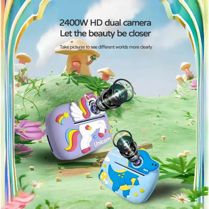 Kids' Rubber Digital Instant Camera for Ages 3-12, 1080P HD 24MP, 2.4-In Screen, TF Memory Card Expansion Support, Fun Sticker Printing with Print Paper, Mobile Recording Compatibility, USB Cable Included, Ideal Birthday/Christmas Gift