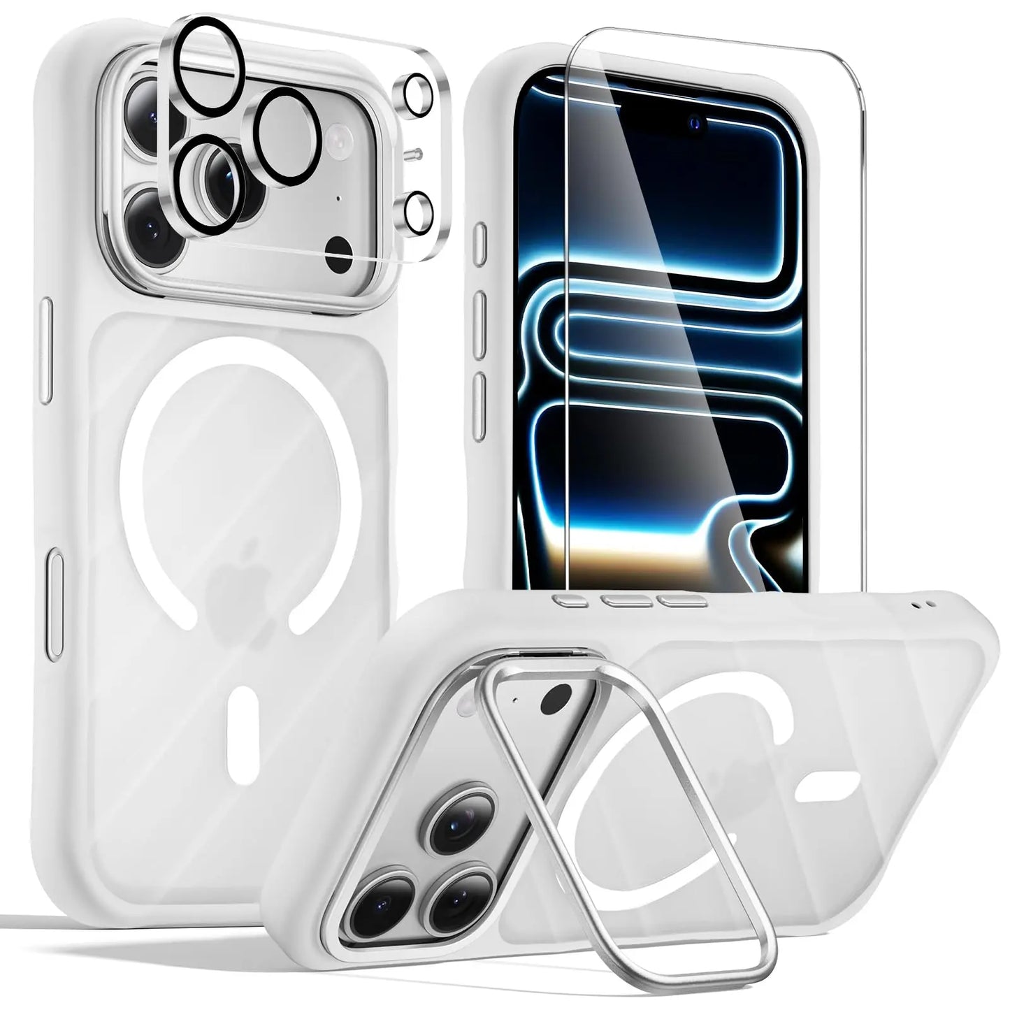 YZOIKO 3-In-1 Set for Iphone 17 Pro Max Case with Camera Stand [1 Screen Protector & 1 Camera Lens Protector] [Fits Magsafe] [Shockproof & Magnetic] [Translucent Matte] Fashion Phone Case for 17 Pro Max, Frosted Blue