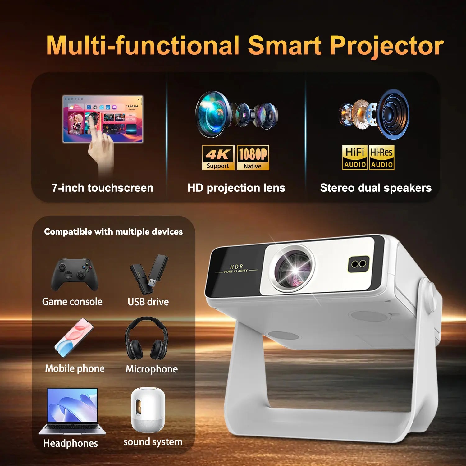 A Projector with Touchscreen, Built-In Apps and 180° Rotating Stand. with Wi-Fi, Bluetooth and 1080P Resolution, It Connects Seamlessly to Phones, Ideal for a Cozy Bedroom Home Theater.
