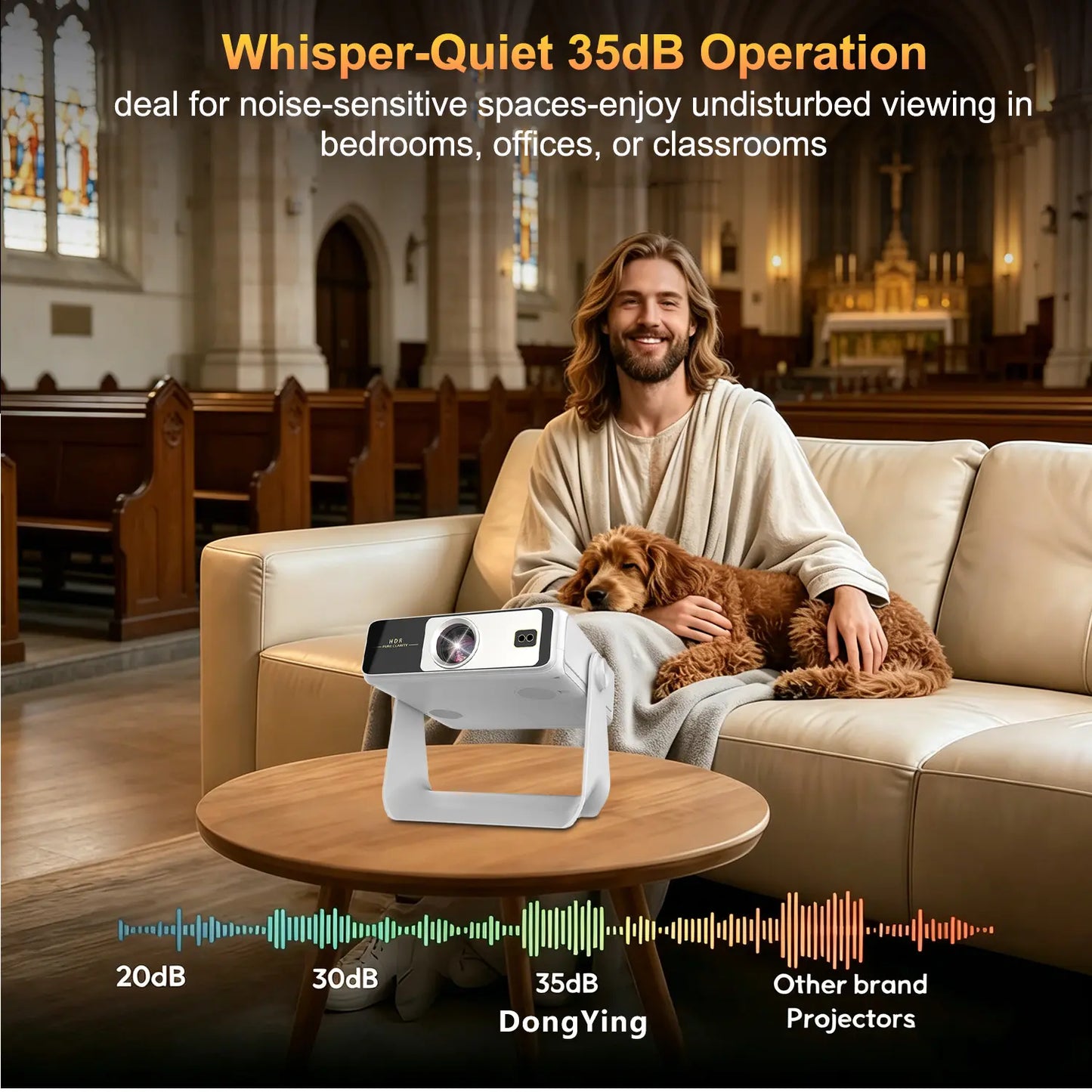 A Projector with Touchscreen, Built-In Apps and 180° Rotating Stand. with Wi-Fi, Bluetooth and 1080P Resolution, It Connects Seamlessly to Phones, Ideal for a Cozy Bedroom Home Theater.