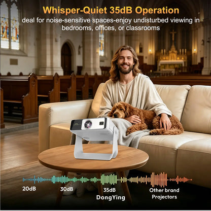 A Projector with Touchscreen, Built-In Apps and 180° Rotating Stand. with Wi-Fi, Bluetooth and 1080P Resolution, It Connects Seamlessly to Phones, Ideal for a Cozy Bedroom Home Theater.