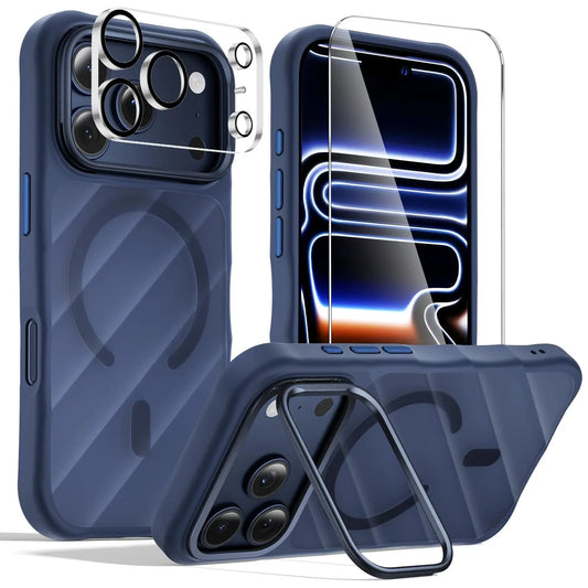 YZOIKO 3-In-1 Set for Iphone 17 Pro Max Case with Camera Stand [1 Screen Protector & 1 Camera Lens Protector] [Fits Magsafe] [Shockproof & Magnetic] [Translucent Matte] Fashion Phone Case for 17 Pro Max, Frosted Blue