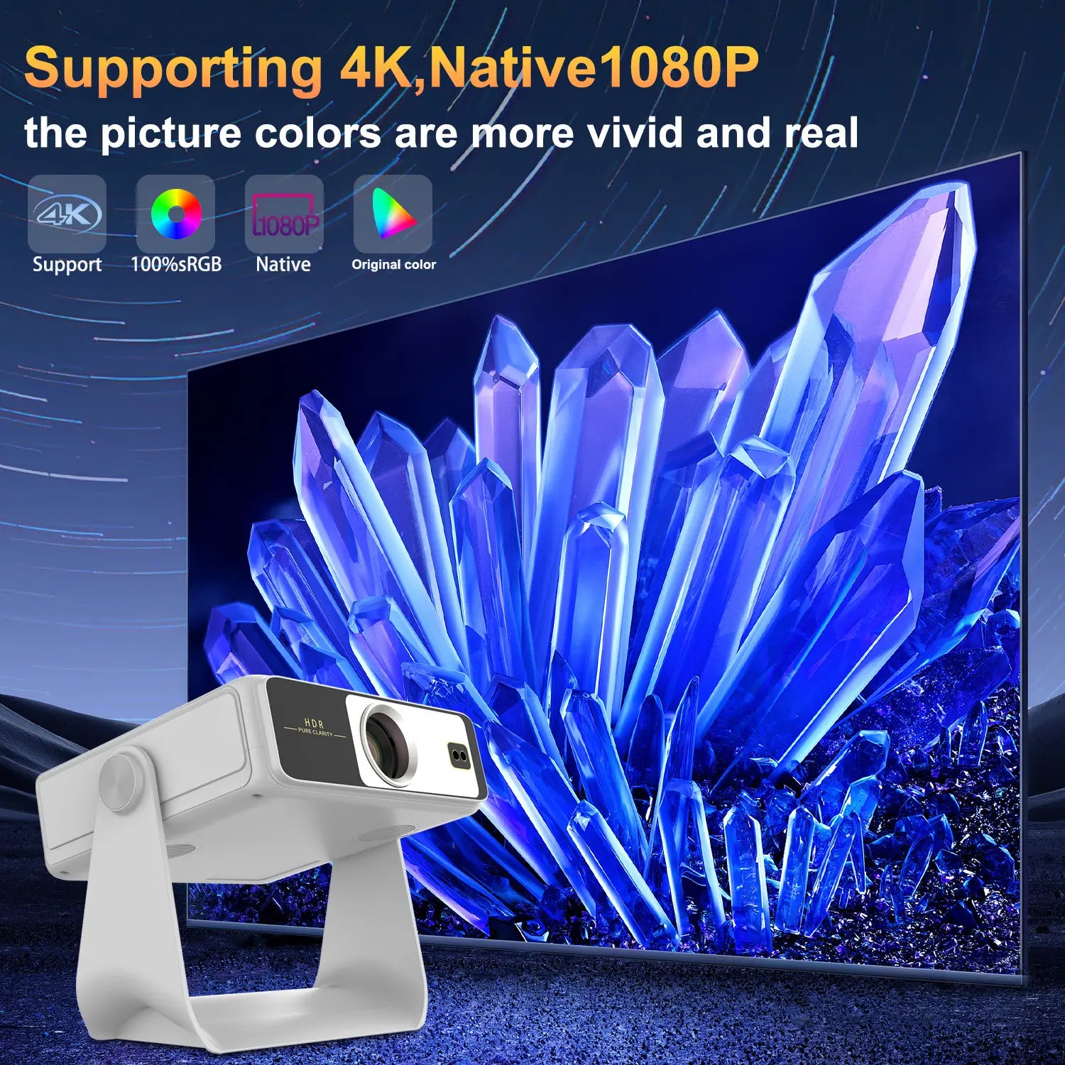 A Projector with Touchscreen, Built-In Apps and 180° Rotating Stand. with Wi-Fi, Bluetooth and 1080P Resolution, It Connects Seamlessly to Phones, Ideal for a Cozy Bedroom Home Theater.