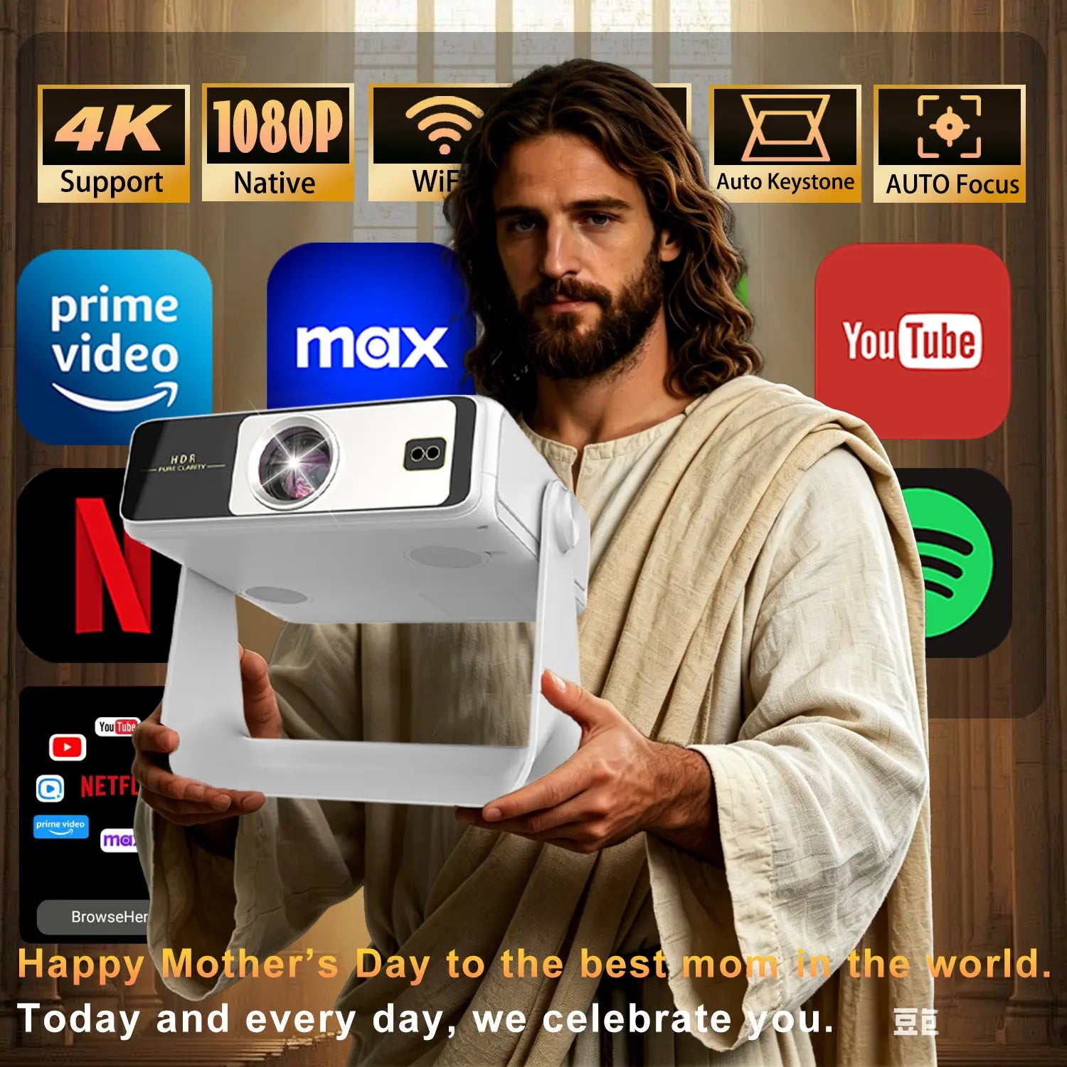 A Projector with Touchscreen, Built-In Apps and 180° Rotating Stand. with Wi-Fi, Bluetooth and 1080P Resolution, It Connects Seamlessly to Phones, Ideal for a Cozy Bedroom Home Theater.