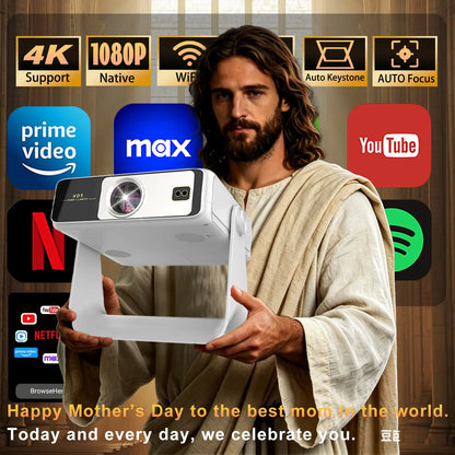 A Projector with Touchscreen, Built-In Apps and 180° Rotating Stand. with Wi-Fi, Bluetooth and 1080P Resolution, It Connects Seamlessly to Phones, Ideal for a Cozy Bedroom Home Theater.