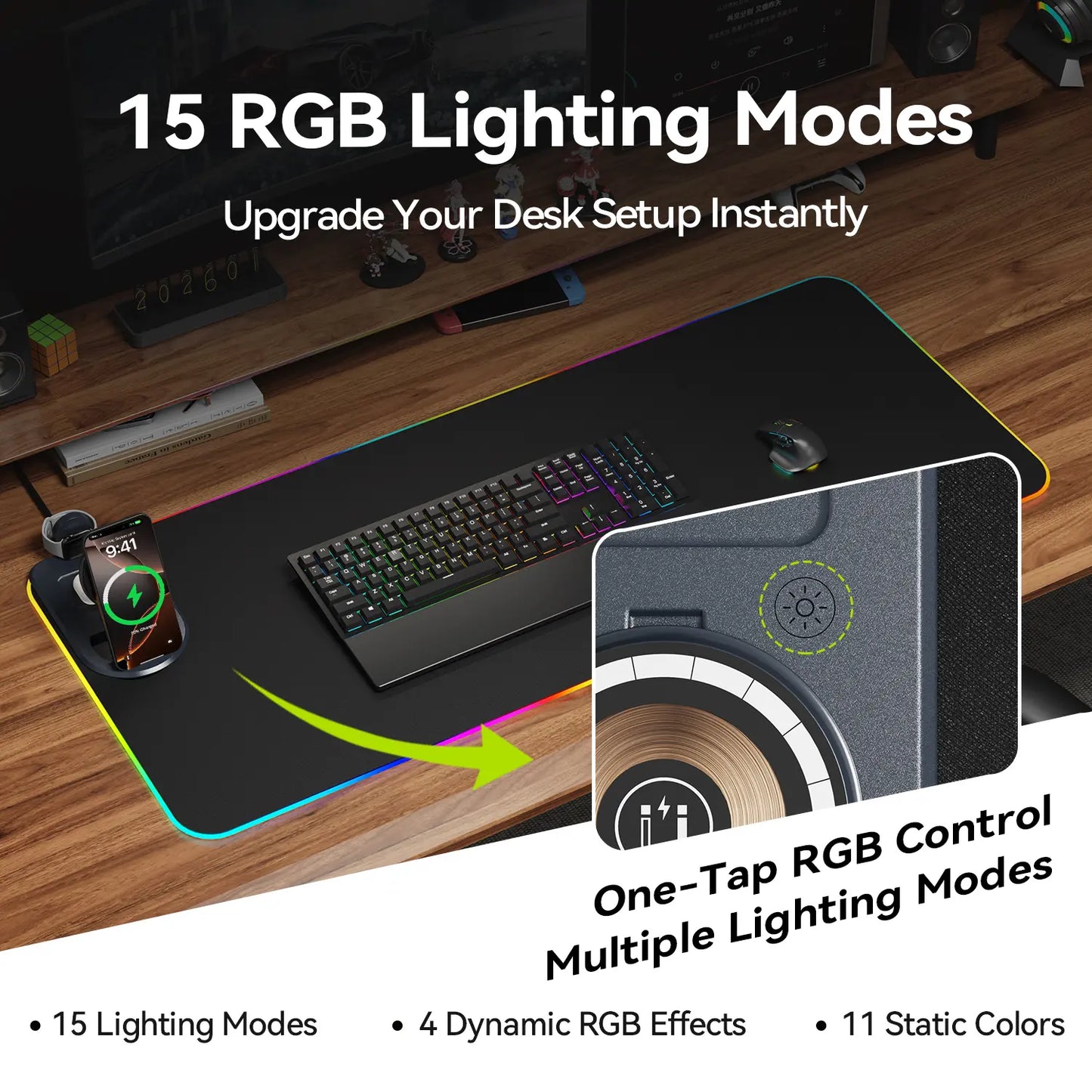 XXL 4-In-1 Wireless Charging RGB Mouse Pad with LED Lights,Charge Phone, Watch & Earbuds, XL Extended Desk Mat31.5X11.8 Inch