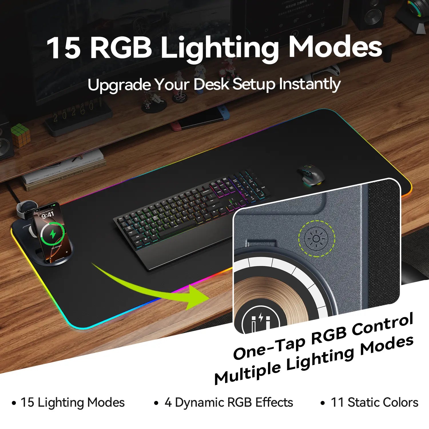 XXL 4-In-1 Wireless Charging RGB Mouse Pad with LED Lights,Charge Phone, Watch & Earbuds, XL Extended Desk Mat31.5X11.8 Inch